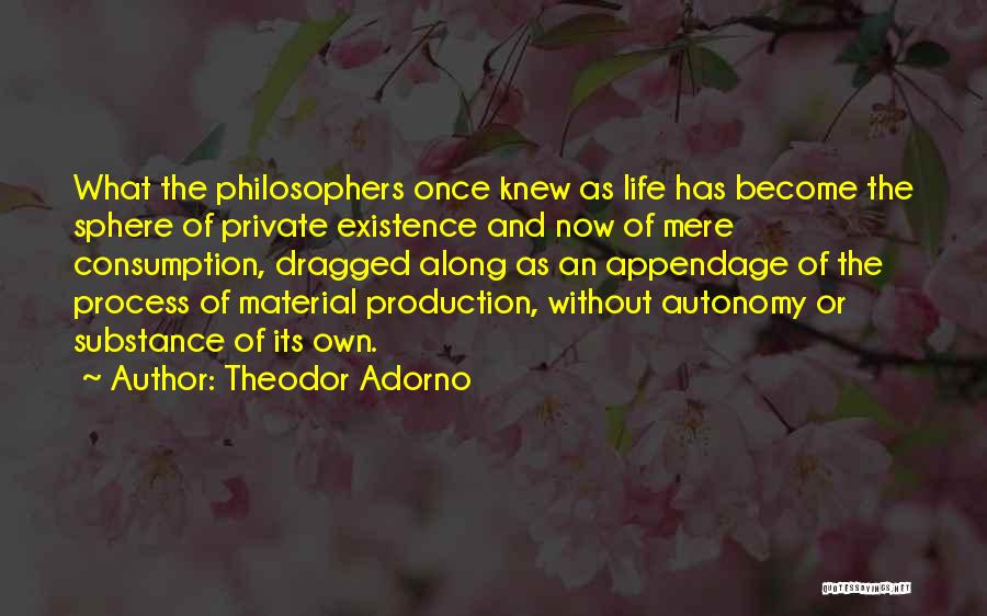 Theodor Adorno Quotes: What The Philosophers Once Knew As Life Has Become The Sphere Of Private Existence And Now Of Mere Consumption, Dragged