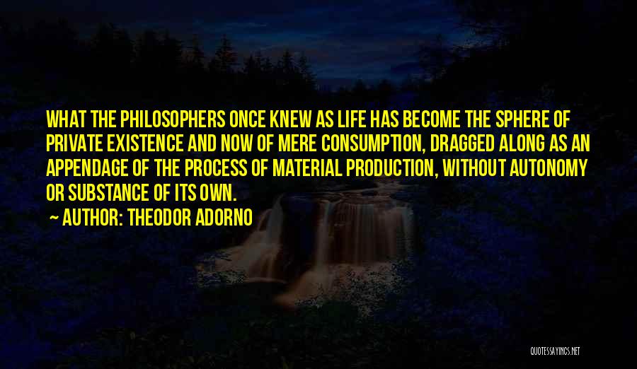 Theodor Adorno Quotes: What The Philosophers Once Knew As Life Has Become The Sphere Of Private Existence And Now Of Mere Consumption, Dragged