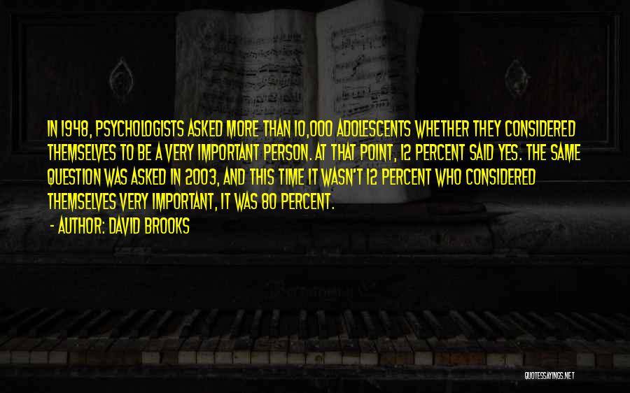 David Brooks Quotes: In 1948, Psychologists Asked More Than 10,000 Adolescents Whether They Considered Themselves To Be A Very Important Person. At That