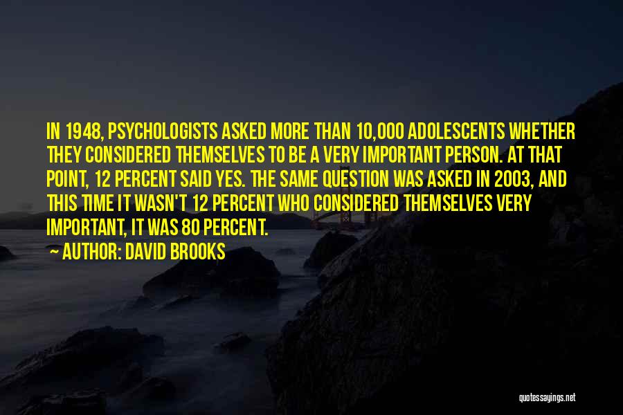 David Brooks Quotes: In 1948, Psychologists Asked More Than 10,000 Adolescents Whether They Considered Themselves To Be A Very Important Person. At That