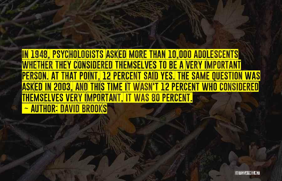 David Brooks Quotes: In 1948, Psychologists Asked More Than 10,000 Adolescents Whether They Considered Themselves To Be A Very Important Person. At That