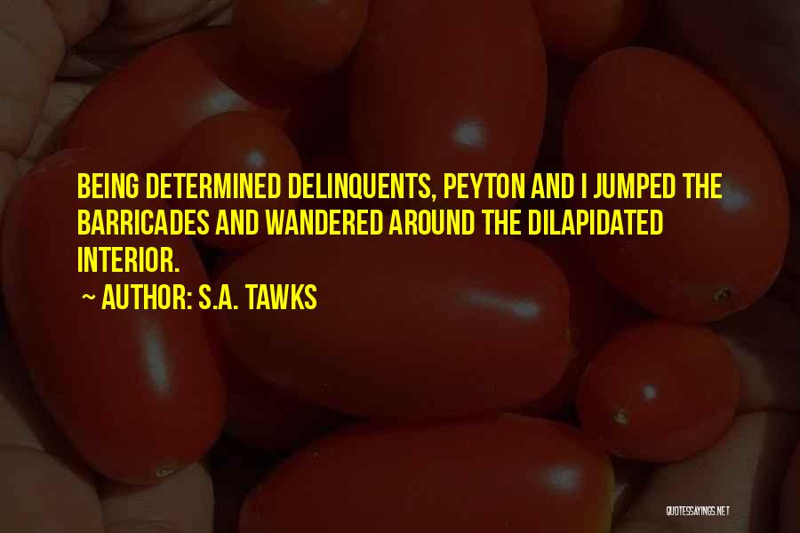 S.A. Tawks Quotes: Being Determined Delinquents, Peyton And I Jumped The Barricades And Wandered Around The Dilapidated Interior.