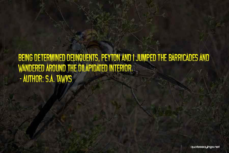 S.A. Tawks Quotes: Being Determined Delinquents, Peyton And I Jumped The Barricades And Wandered Around The Dilapidated Interior.