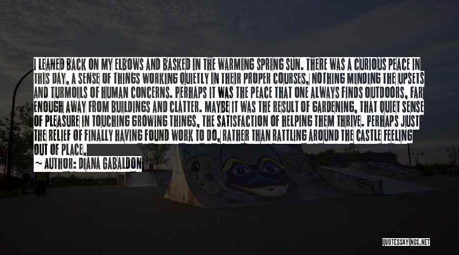 Diana Gabaldon Quotes: I Leaned Back On My Elbows And Basked In The Warming Spring Sun. There Was A Curious Peace In This