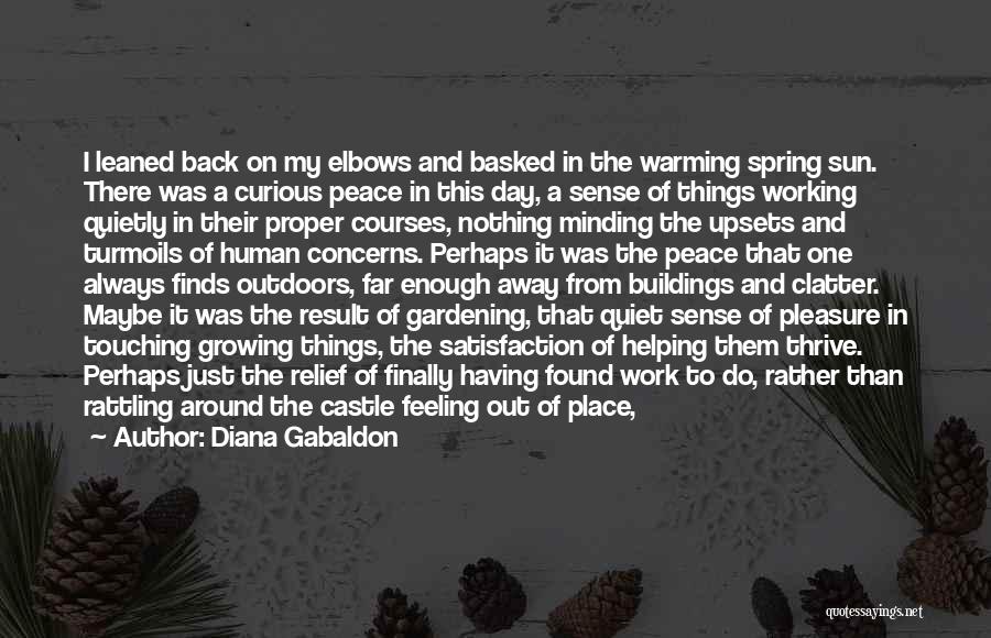 Diana Gabaldon Quotes: I Leaned Back On My Elbows And Basked In The Warming Spring Sun. There Was A Curious Peace In This