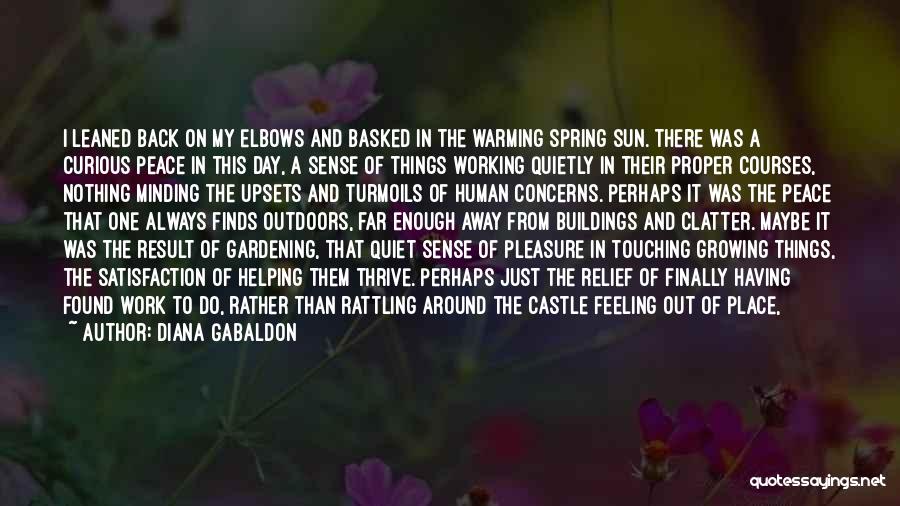 Diana Gabaldon Quotes: I Leaned Back On My Elbows And Basked In The Warming Spring Sun. There Was A Curious Peace In This