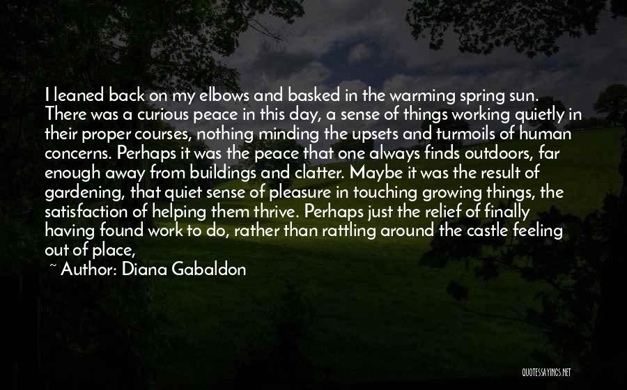 Diana Gabaldon Quotes: I Leaned Back On My Elbows And Basked In The Warming Spring Sun. There Was A Curious Peace In This