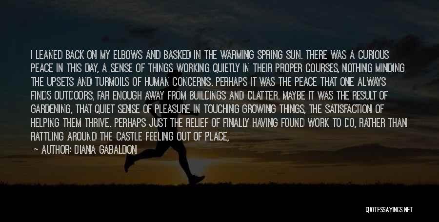 Diana Gabaldon Quotes: I Leaned Back On My Elbows And Basked In The Warming Spring Sun. There Was A Curious Peace In This