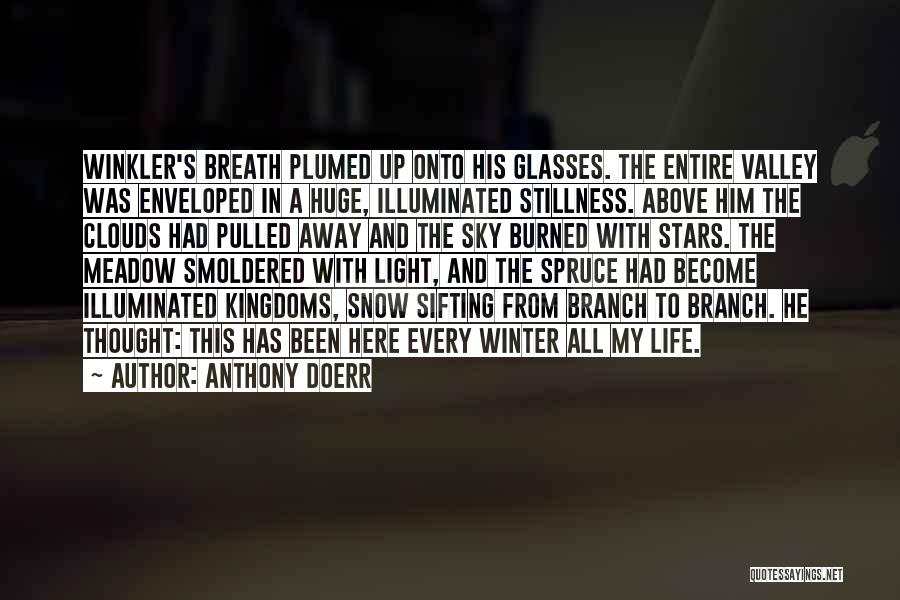 Anthony Doerr Quotes: Winkler's Breath Plumed Up Onto His Glasses. The Entire Valley Was Enveloped In A Huge, Illuminated Stillness. Above Him The