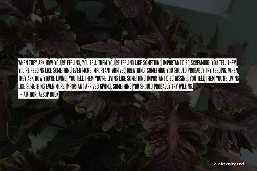 Aesop Rock Quotes: When They Ask How You're Feeling, You Tell Them You're Feeling Like Something Important Died Screaming. You Tell Them You're