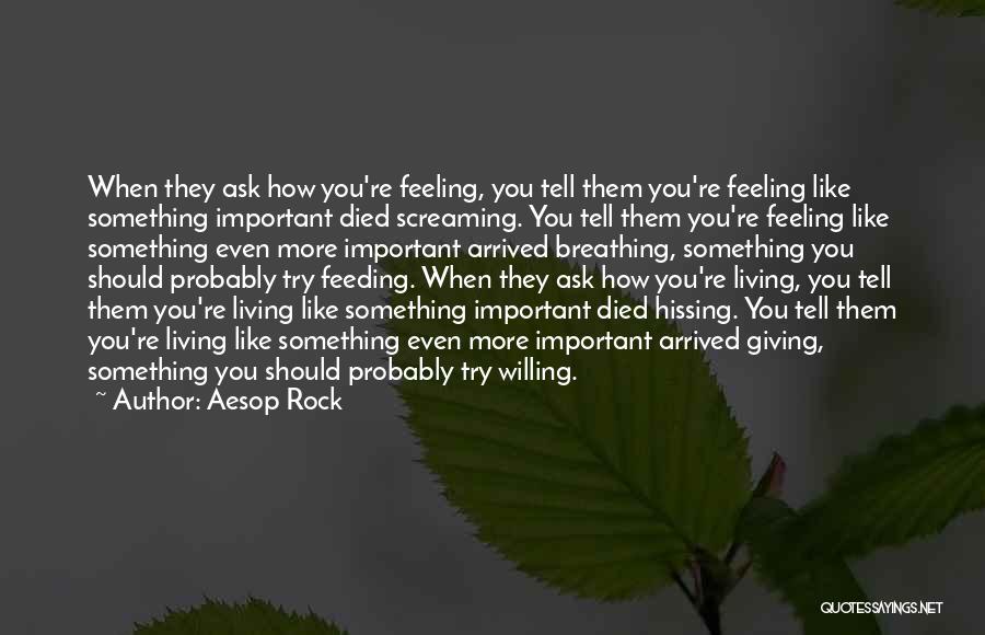 Aesop Rock Quotes: When They Ask How You're Feeling, You Tell Them You're Feeling Like Something Important Died Screaming. You Tell Them You're