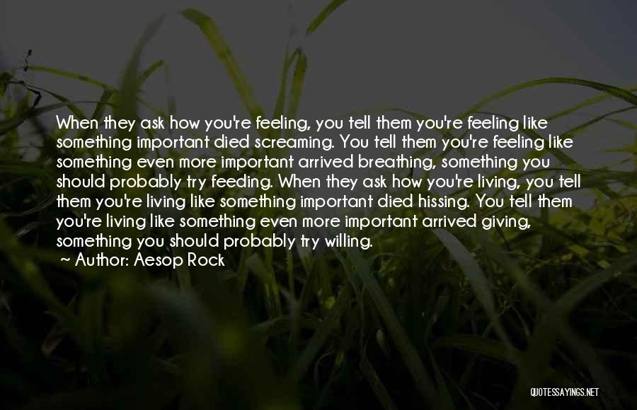 Aesop Rock Quotes: When They Ask How You're Feeling, You Tell Them You're Feeling Like Something Important Died Screaming. You Tell Them You're