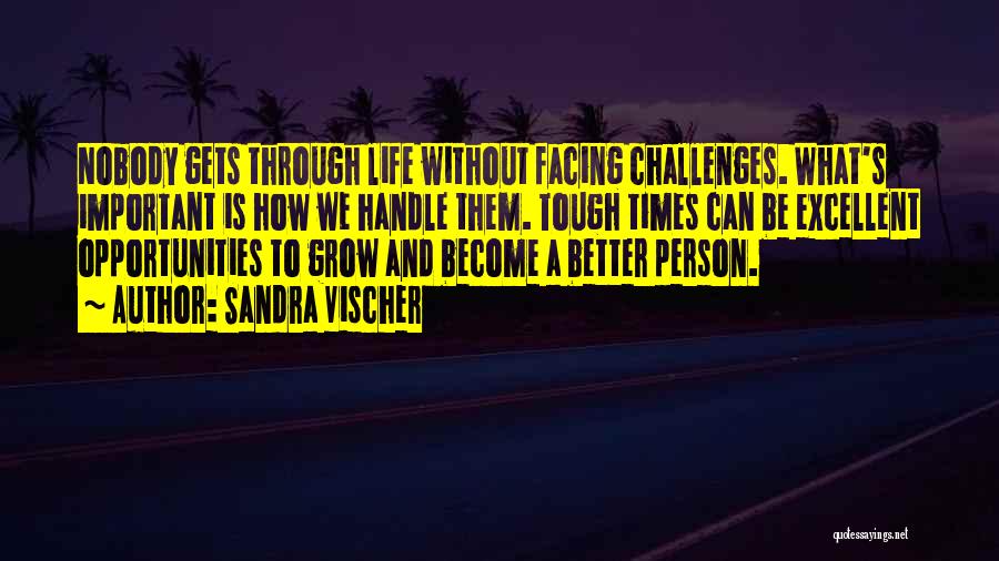 Sandra Vischer Quotes: Nobody Gets Through Life Without Facing Challenges. What's Important Is How We Handle Them. Tough Times Can Be Excellent Opportunities