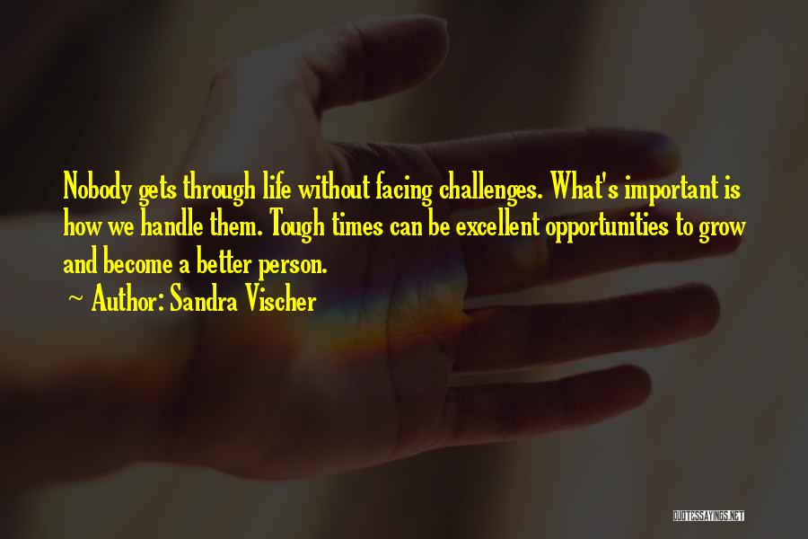 Sandra Vischer Quotes: Nobody Gets Through Life Without Facing Challenges. What's Important Is How We Handle Them. Tough Times Can Be Excellent Opportunities