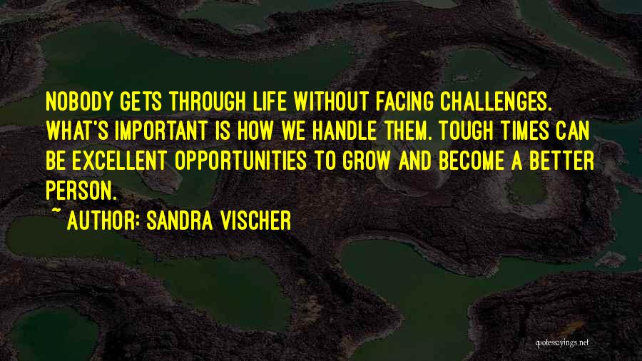 Sandra Vischer Quotes: Nobody Gets Through Life Without Facing Challenges. What's Important Is How We Handle Them. Tough Times Can Be Excellent Opportunities