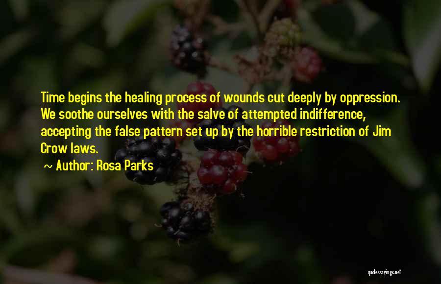 Rosa Parks Quotes: Time Begins The Healing Process Of Wounds Cut Deeply By Oppression. We Soothe Ourselves With The Salve Of Attempted Indifference,