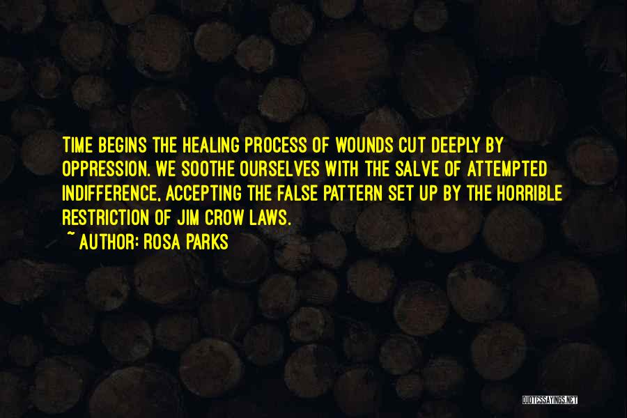 Rosa Parks Quotes: Time Begins The Healing Process Of Wounds Cut Deeply By Oppression. We Soothe Ourselves With The Salve Of Attempted Indifference,
