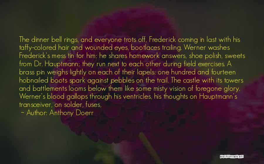 Anthony Doerr Quotes: The Dinner Bell Rings, And Everyone Trots Off, Frederick Coming In Last With His Taffy-colored Hair And Wounded Eyes, Bootlaces