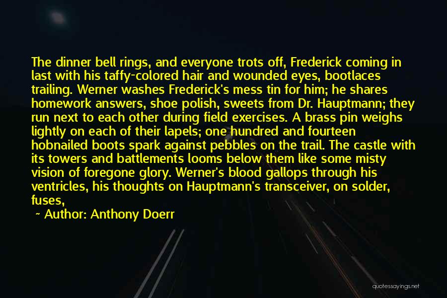Anthony Doerr Quotes: The Dinner Bell Rings, And Everyone Trots Off, Frederick Coming In Last With His Taffy-colored Hair And Wounded Eyes, Bootlaces