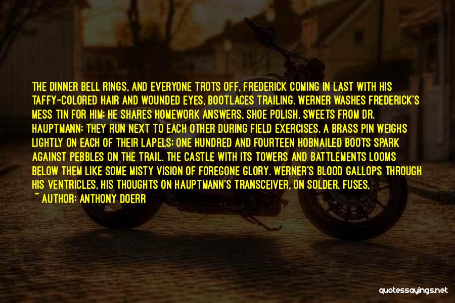 Anthony Doerr Quotes: The Dinner Bell Rings, And Everyone Trots Off, Frederick Coming In Last With His Taffy-colored Hair And Wounded Eyes, Bootlaces