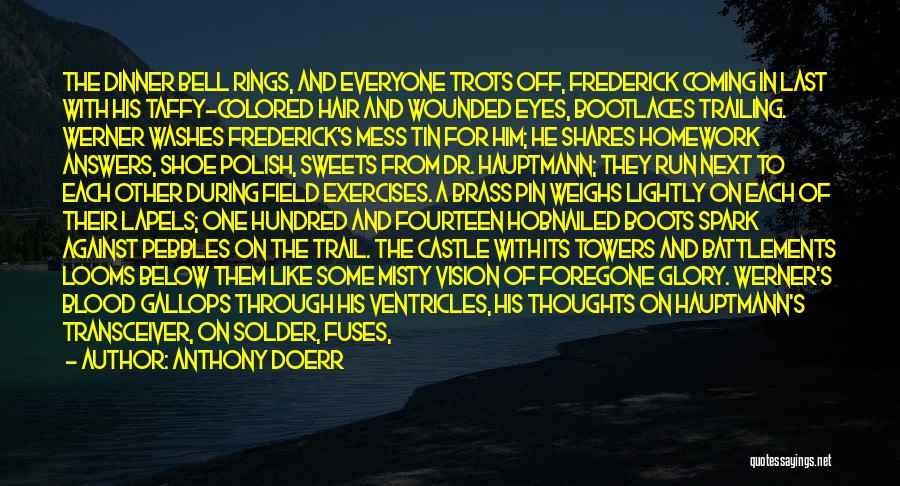Anthony Doerr Quotes: The Dinner Bell Rings, And Everyone Trots Off, Frederick Coming In Last With His Taffy-colored Hair And Wounded Eyes, Bootlaces