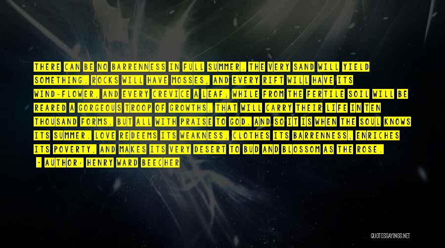 Henry Ward Beecher Quotes: There Can Be No Barrenness In Full Summer. The Very Sand Will Yield Something. Rocks Will Have Mosses, And Every
