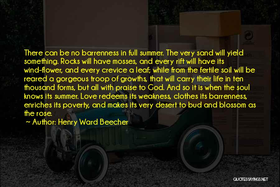 Henry Ward Beecher Quotes: There Can Be No Barrenness In Full Summer. The Very Sand Will Yield Something. Rocks Will Have Mosses, And Every