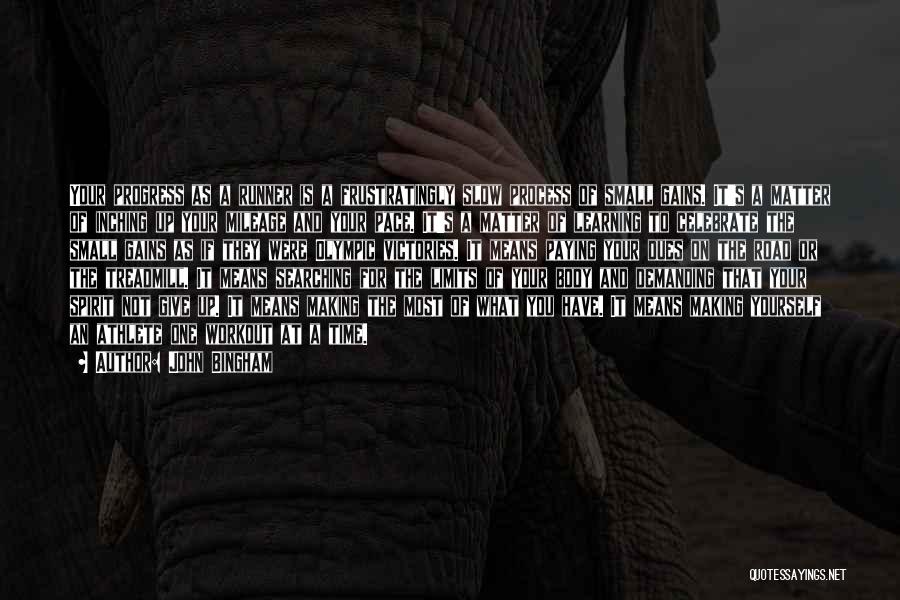John Bingham Quotes: Your Progress As A Runner Is A Frustratingly Slow Process Of Small Gains. It's A Matter Of Inching Up Your