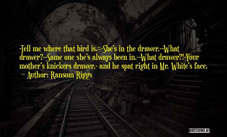 Ransom Riggs Quotes: -tell Me Where That Bird Is.=-she's In The Drawer.--what Drawer?--same One She's Always Been In.--what Drawer?!-your Mother's Knickers Drawer,- And