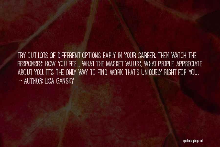 Lisa Gansky Quotes: Try Out Lots Of Different Options Early In Your Career. Then Watch The Responses: How You Feel, What The Market