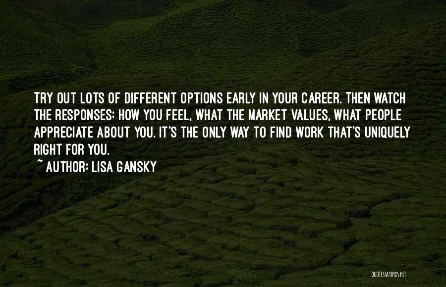 Lisa Gansky Quotes: Try Out Lots Of Different Options Early In Your Career. Then Watch The Responses: How You Feel, What The Market