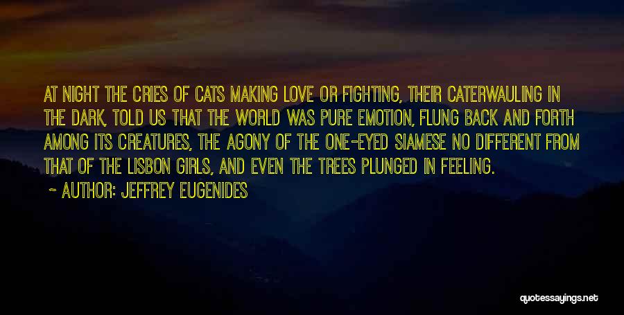 Jeffrey Eugenides Quotes: At Night The Cries Of Cats Making Love Or Fighting, Their Caterwauling In The Dark, Told Us That The World