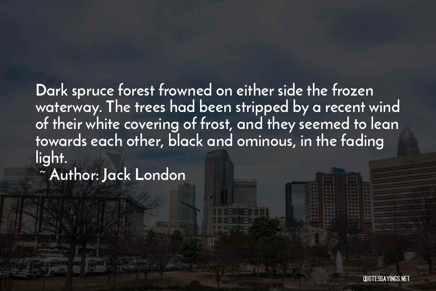 Jack London Quotes: Dark Spruce Forest Frowned On Either Side The Frozen Waterway. The Trees Had Been Stripped By A Recent Wind Of