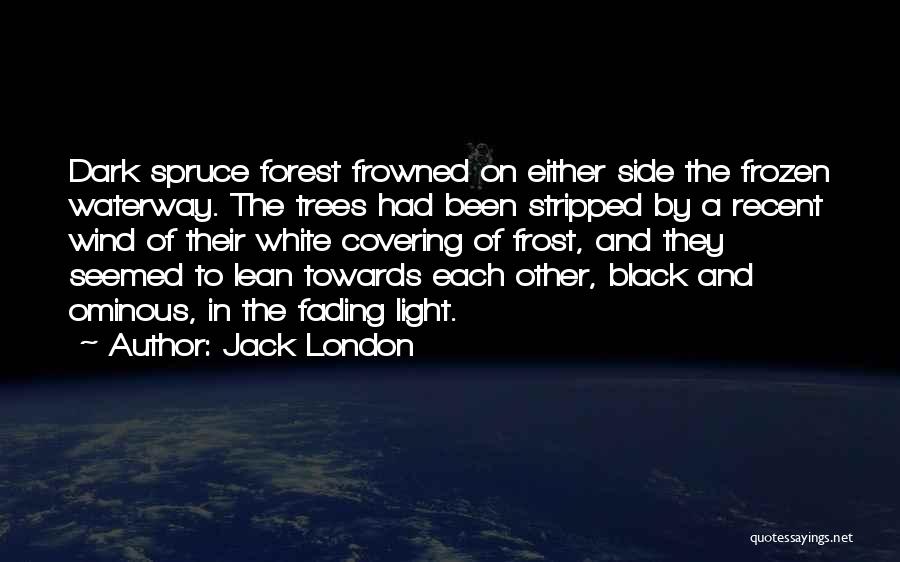 Jack London Quotes: Dark Spruce Forest Frowned On Either Side The Frozen Waterway. The Trees Had Been Stripped By A Recent Wind Of