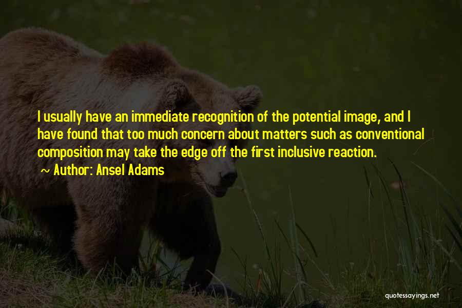 Ansel Adams Quotes: I Usually Have An Immediate Recognition Of The Potential Image, And I Have Found That Too Much Concern About Matters
