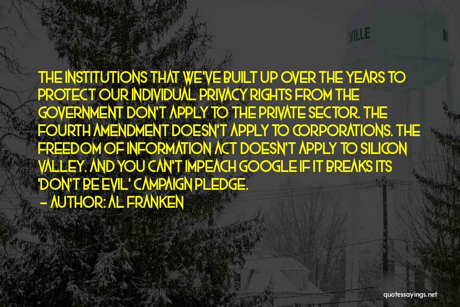 Al Franken Quotes: The Institutions That We've Built Up Over The Years To Protect Our Individual Privacy Rights From The Government Don't Apply