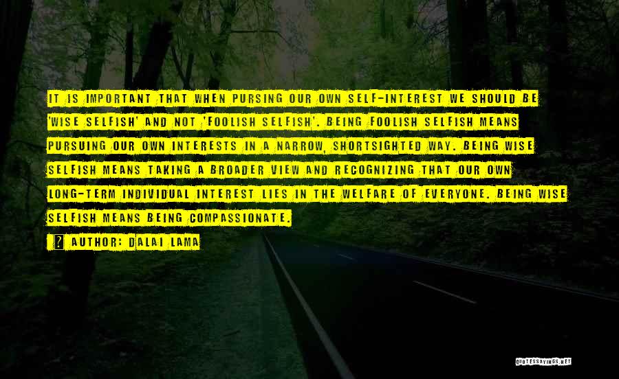 Dalai Lama Quotes: It Is Important That When Pursing Our Own Self-interest We Should Be 'wise Selfish' And Not 'foolish Selfish'. Being Foolish