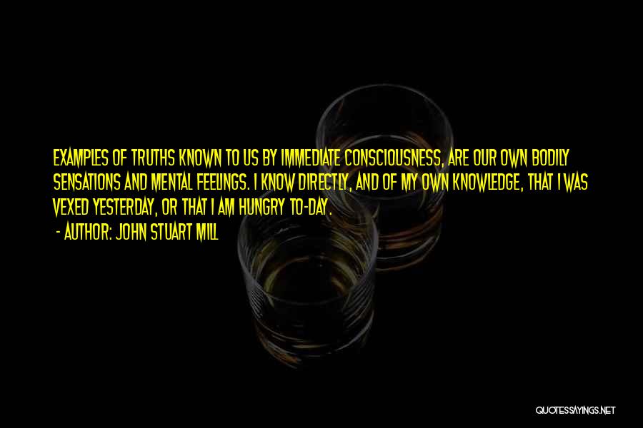 John Stuart Mill Quotes: Examples Of Truths Known To Us By Immediate Consciousness, Are Our Own Bodily Sensations And Mental Feelings. I Know Directly,