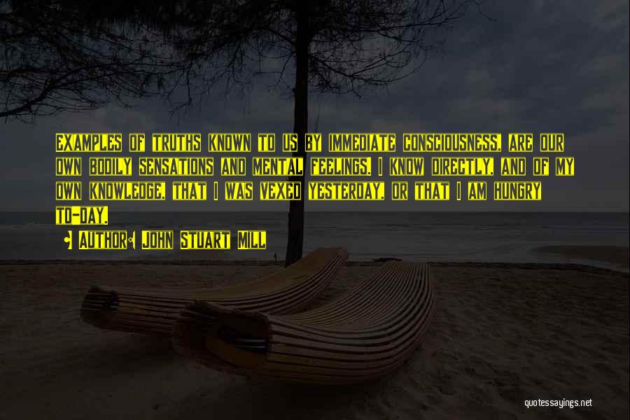 John Stuart Mill Quotes: Examples Of Truths Known To Us By Immediate Consciousness, Are Our Own Bodily Sensations And Mental Feelings. I Know Directly,