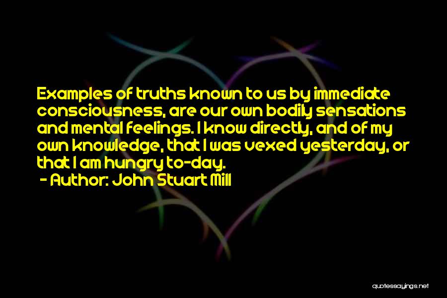 John Stuart Mill Quotes: Examples Of Truths Known To Us By Immediate Consciousness, Are Our Own Bodily Sensations And Mental Feelings. I Know Directly,