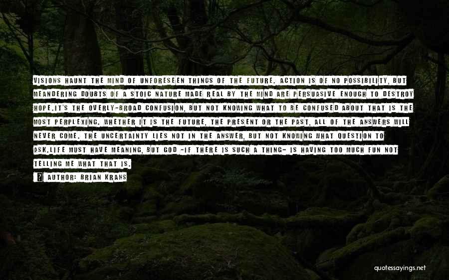 Brian Krans Quotes: Visions Haunt The Mind Of Unforeseen Things Of The Future. Action Is Of No Possibility, But Meandering Doubts Of A