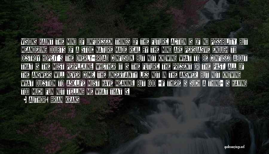 Brian Krans Quotes: Visions Haunt The Mind Of Unforeseen Things Of The Future. Action Is Of No Possibility, But Meandering Doubts Of A