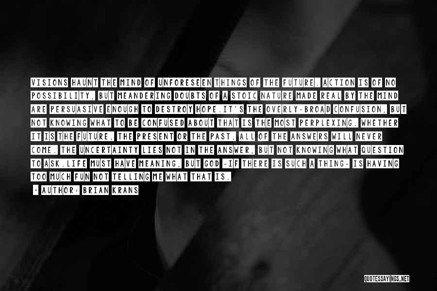 Brian Krans Quotes: Visions Haunt The Mind Of Unforeseen Things Of The Future. Action Is Of No Possibility, But Meandering Doubts Of A
