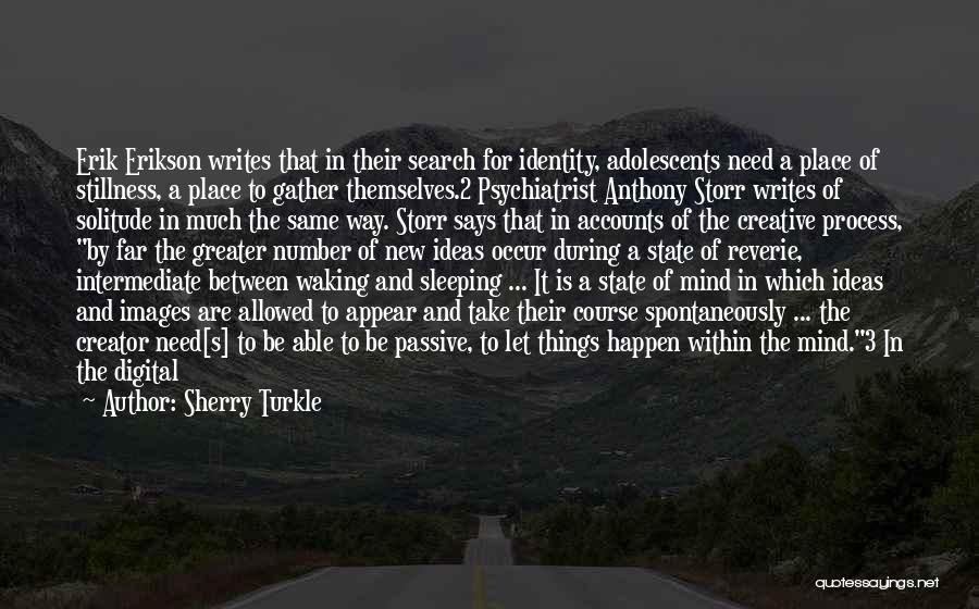 Sherry Turkle Quotes: Erik Erikson Writes That In Their Search For Identity, Adolescents Need A Place Of Stillness, A Place To Gather Themselves.2