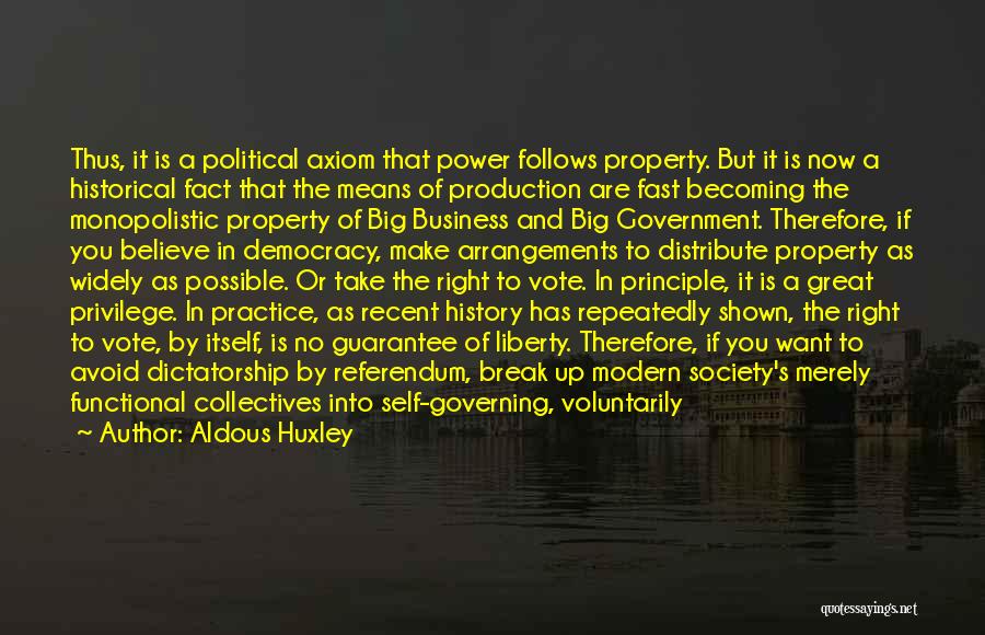 Aldous Huxley Quotes: Thus, It Is A Political Axiom That Power Follows Property. But It Is Now A Historical Fact That The Means