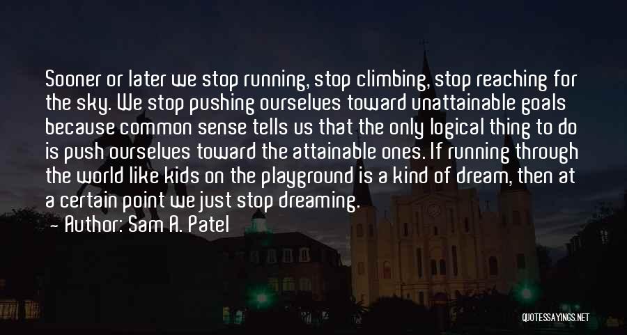 Sam A. Patel Quotes: Sooner Or Later We Stop Running, Stop Climbing, Stop Reaching For The Sky. We Stop Pushing Ourselves Toward Unattainable Goals