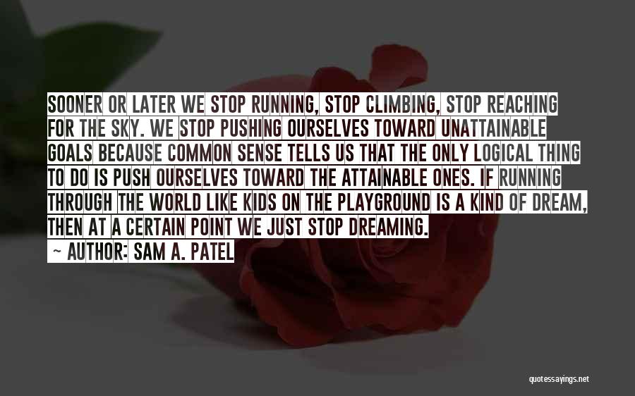 Sam A. Patel Quotes: Sooner Or Later We Stop Running, Stop Climbing, Stop Reaching For The Sky. We Stop Pushing Ourselves Toward Unattainable Goals