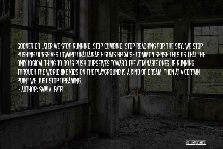 Sam A. Patel Quotes: Sooner Or Later We Stop Running, Stop Climbing, Stop Reaching For The Sky. We Stop Pushing Ourselves Toward Unattainable Goals