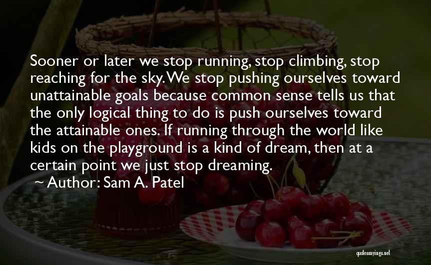 Sam A. Patel Quotes: Sooner Or Later We Stop Running, Stop Climbing, Stop Reaching For The Sky. We Stop Pushing Ourselves Toward Unattainable Goals