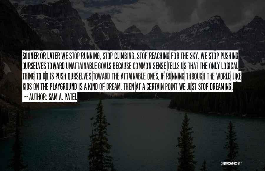 Sam A. Patel Quotes: Sooner Or Later We Stop Running, Stop Climbing, Stop Reaching For The Sky. We Stop Pushing Ourselves Toward Unattainable Goals